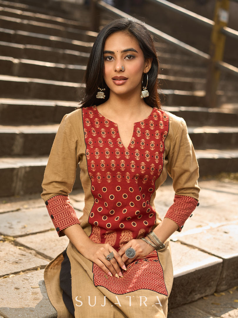 Beige Cotton Kurta with Traditional Printed Ajrakh Panel