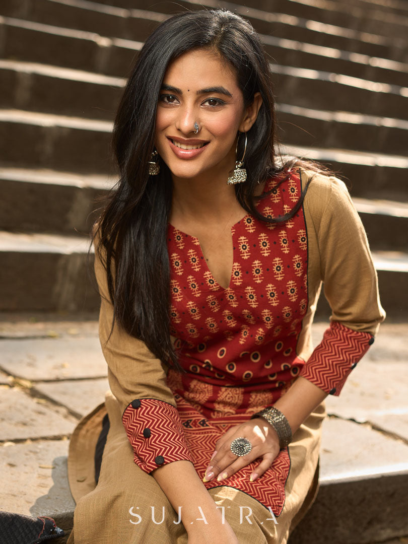 Beige Cotton Kurta with Traditional Printed Ajrakh Panel