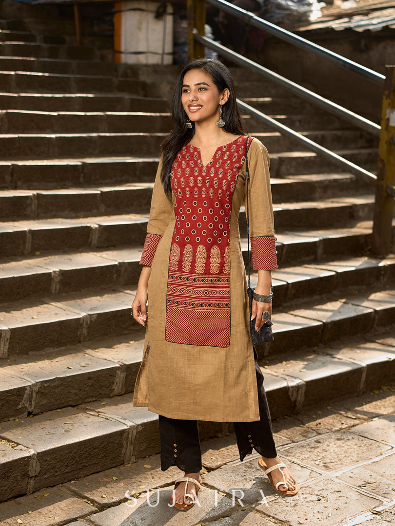 Beige Cotton Kurta with Traditional Printed Ajrakh Panel