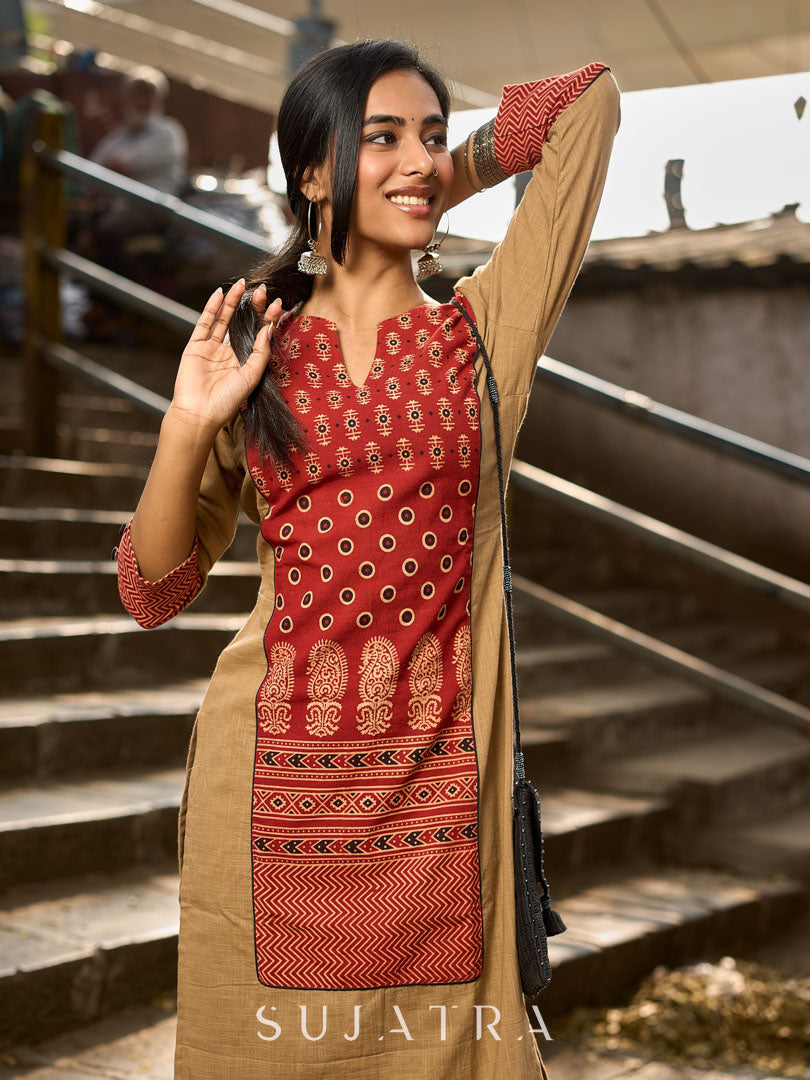 Beige Cotton Kurta with Traditional Printed Ajrakh Panel