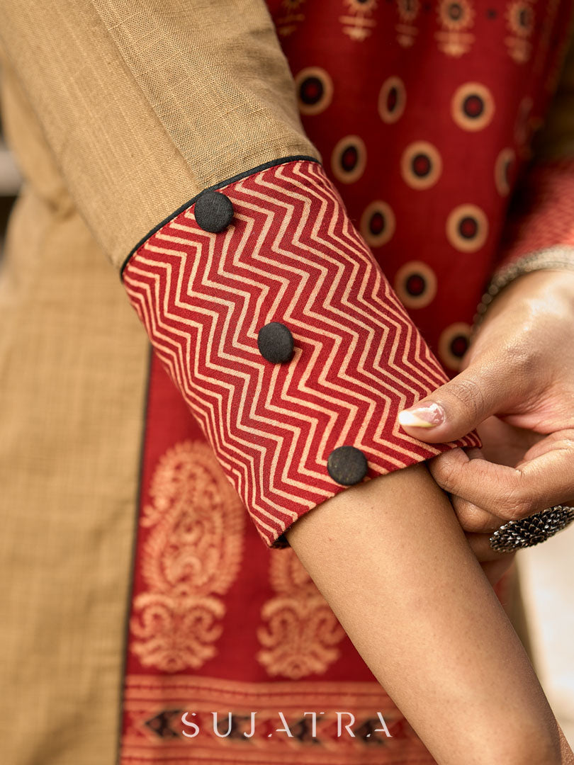 Beige Cotton Kurta with Traditional Printed Ajrakh Panel
