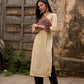 Beige Rayon Kurta With Ajrakh Patchwork Printed Yoke And Contrast Sleeve Borders