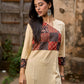 Beige Rayon Kurta With Ajrakh Patchwork Printed Yoke And Contrast Sleeve Borders