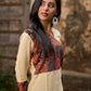 Beige Rayon Kurta With Ajrakh Patchwork Printed Yoke And Contrast Sleeve Borders