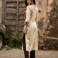 Beige Rayon Kurta With Ajrakh Patchwork Printed Yoke And Contrast Sleeve Borders