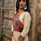 Beige Rayon Kurta With Ajrakh Patchwork Printed Yoke And Contrast Sleeve Borders