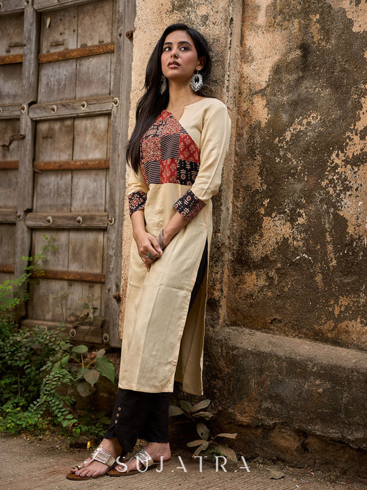 Beige Rayon Kurta With Ajrakh Patchwork Printed Yoke And Contrast Sleeve Borders