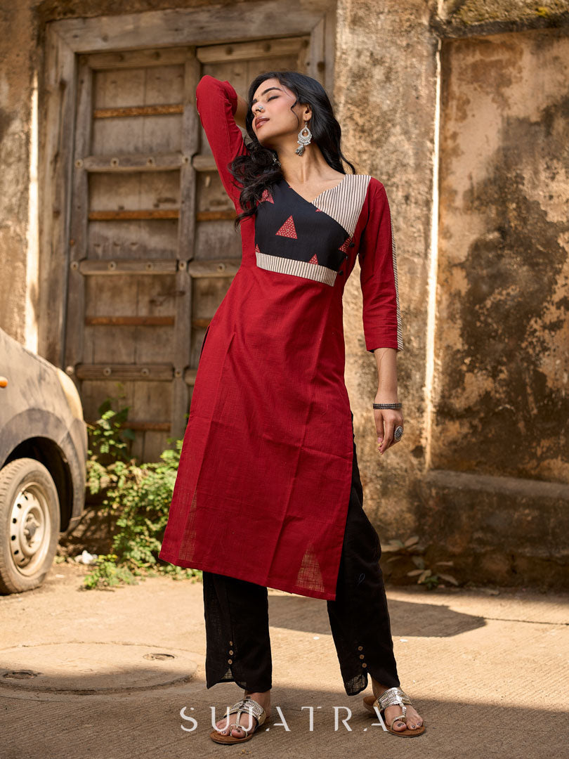 Maroon Cotton Kurti with Contemporary Geometric Print Yoke & Sleeves