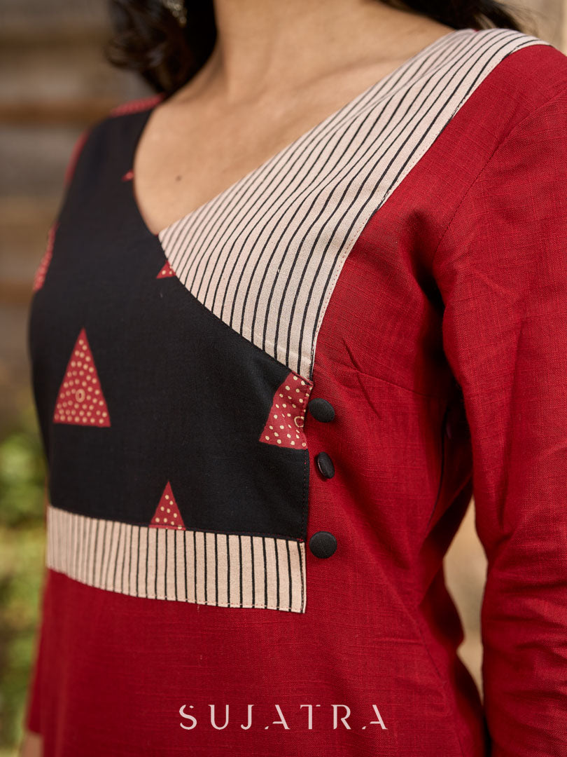 Maroon Cotton Kurti with Contemporary Geometric Print Yoke & Sleeves