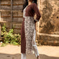 Dark Brown Cotton Straight Kurta with Floral Printed Panel and Contrast Border Sleeves