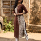 Dark Brown Cotton Straight Kurta with Floral Printed Panel and Contrast Border Sleeves