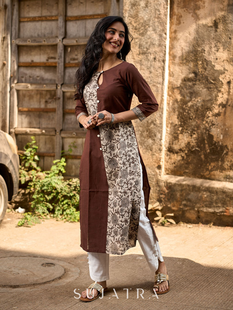 Dark Brown Cotton Straight Kurta with Floral Printed Panel and Contrast Border Sleeves