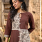 Dark Brown Cotton Straight Kurta with Floral Printed Panel and Contrast Border Sleeves