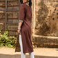Dark Brown Cotton Straight Kurta with Floral Printed Panel and Contrast Border Sleeves
