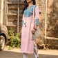 Chic Pastel Pink Cotton Kurta with Blue Floral Yoke Design & Sleeve Patch Accents