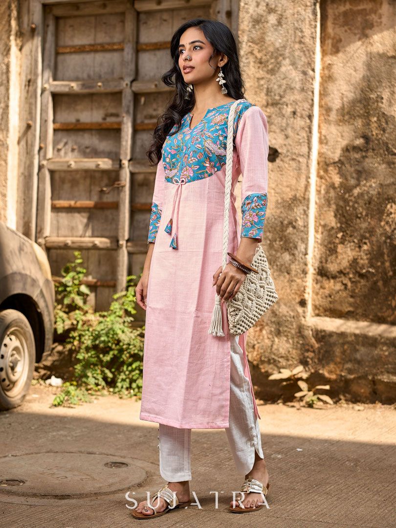 Chic Pastel Pink Cotton Kurta with Blue Floral Yoke Design & Sleeve Patch Accents