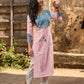 Chic Pastel Pink Cotton Kurta with Blue Floral Yoke Design & Sleeve Patch Accents