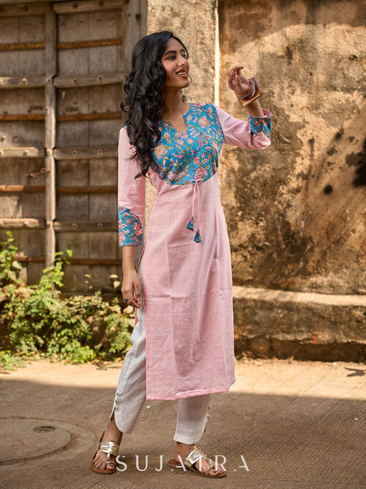 Chic Pastel Pink Cotton Kurta with Blue Floral Yoke Design & Sleeve Patch Accents