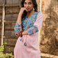 Chic Pastel Pink Cotton Kurta with Blue Floral Yoke Design & Sleeve Patch Accents