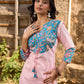 Chic Pastel Pink Cotton Kurta with Blue Floral Yoke Design & Sleeve Patch Accents