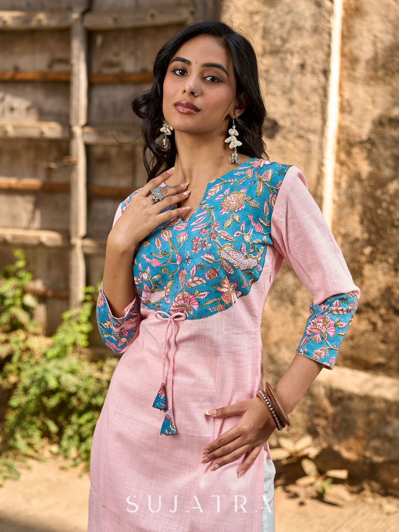 Chic Pastel Pink Cotton Kurta with Blue Floral Yoke Design & Sleeve Patch Accents