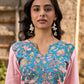 Chic Pastel Pink Cotton Kurta with Blue Floral Yoke Design & Sleeve Patch Accents