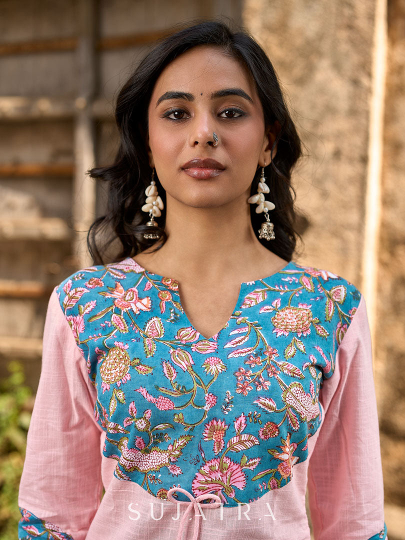 Chic Pastel Pink Cotton Kurta with Blue Floral Yoke Design & Sleeve Patch Accents