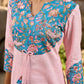 Chic Pastel Pink Cotton Kurta with Blue Floral Yoke Design & Sleeve Patch Accents