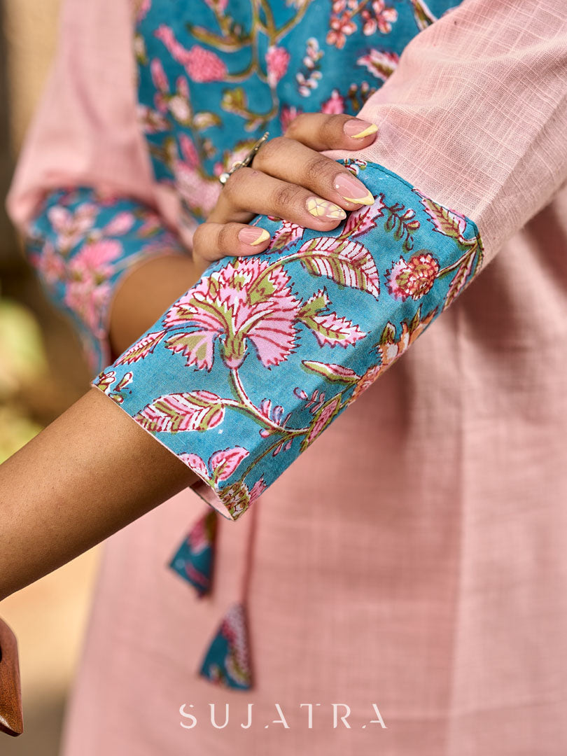 Chic Pastel Pink Cotton Kurta with Blue Floral Yoke Design & Sleeve Patch Accents