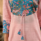 Chic Pastel Pink Cotton Kurta with Blue Floral Yoke Design & Sleeve Patch Accents