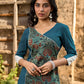 Teal Cotton Kurta with Printed Floral Asymmetric Panel