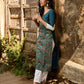 Teal Cotton Kurta with Printed Floral Asymmetric Panel