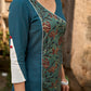 Teal Cotton Kurta with Printed Floral Asymmetric Panel