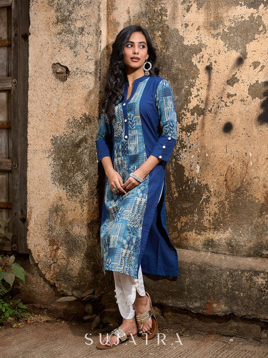 Stylish Navy Blue Cotton Kurta with Contemporary Printed Panel