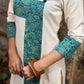 Off White Cotton Flex Kurta with Contrasting Teal Combination Yoke