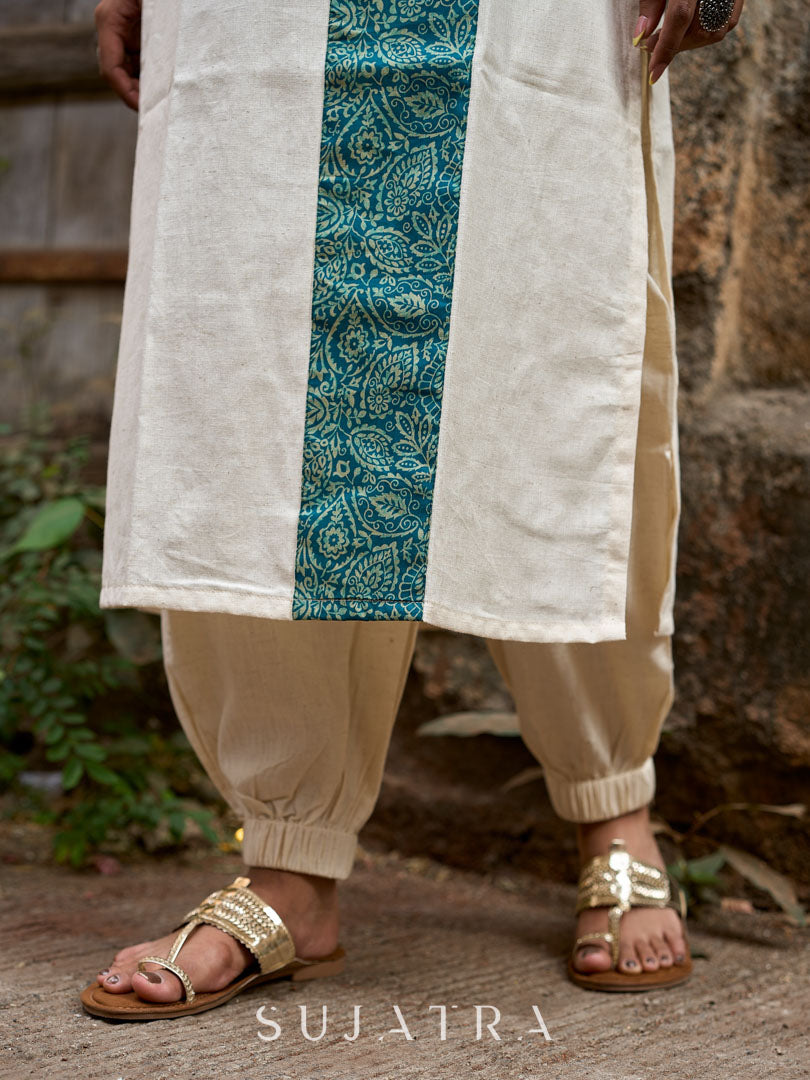 Off White Cotton Flex Kurta with Contrasting Teal Combination Yoke