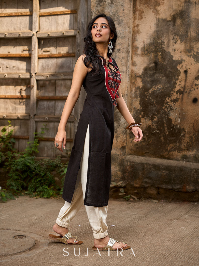 Black Cotton Contemporary Kurta with Printed Yoke and Contrast Accents