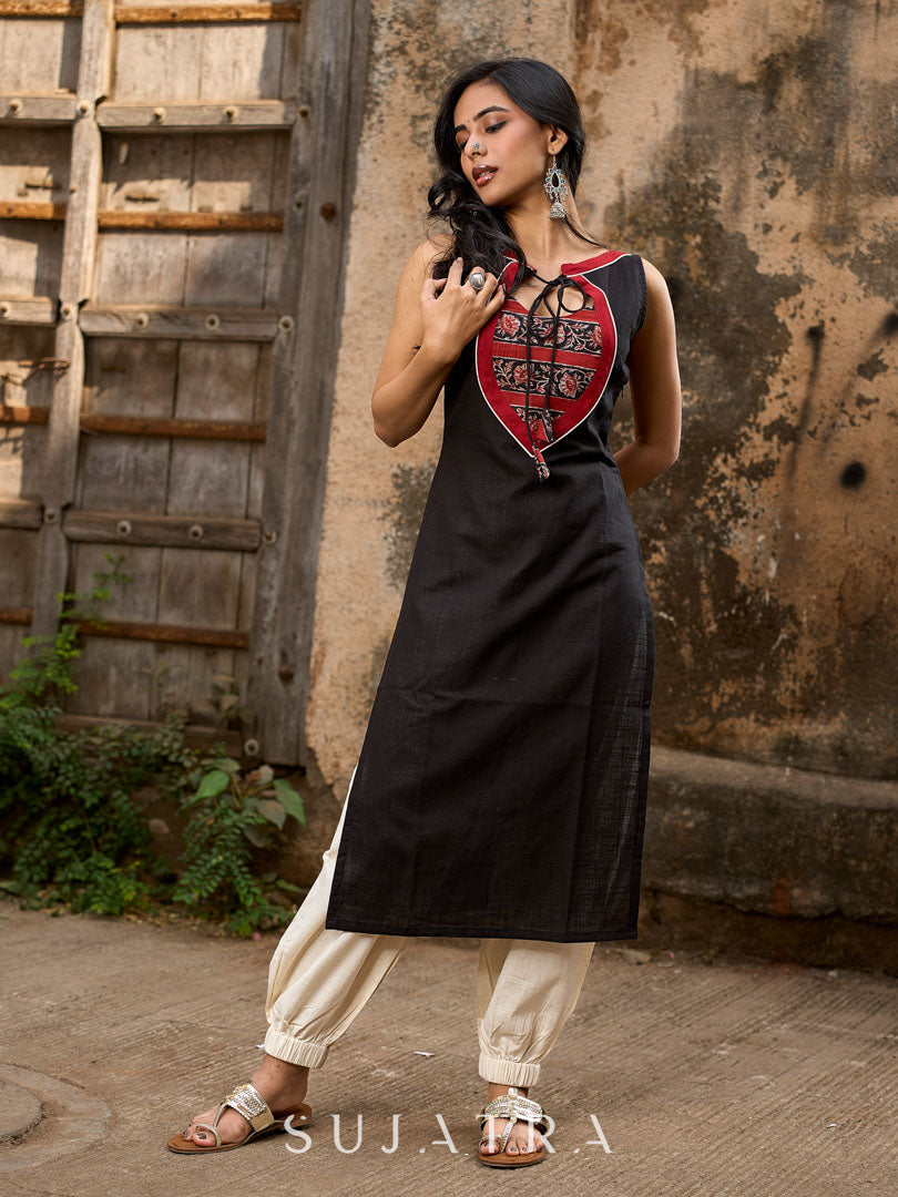 Black Cotton Contemporary Kurta with Printed Yoke and Contrast Accents