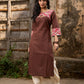 Chic Brown Cotton Kurta with Pink Floral Printed Yoke & Cuffed Flared Sleeves