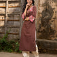 Chic Brown Cotton Kurta with Pink Floral Printed Yoke & Cuffed Flared Sleeves