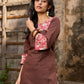 Chic Brown Cotton Kurta with Pink Floral Printed Yoke & Cuffed Flared Sleeves