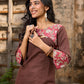 Chic Brown Cotton Kurta with Pink Floral Printed Yoke & Cuffed Flared Sleeves