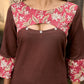 Chic Brown Cotton Kurta with Pink Floral Printed Yoke & Cuffed Flared Sleeves