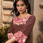 Chic Brown Cotton Kurta with Pink Floral Printed Yoke & Cuffed Flared Sleeves