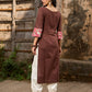 Chic Brown Cotton Kurta with Pink Floral Printed Yoke & Cuffed Flared Sleeves