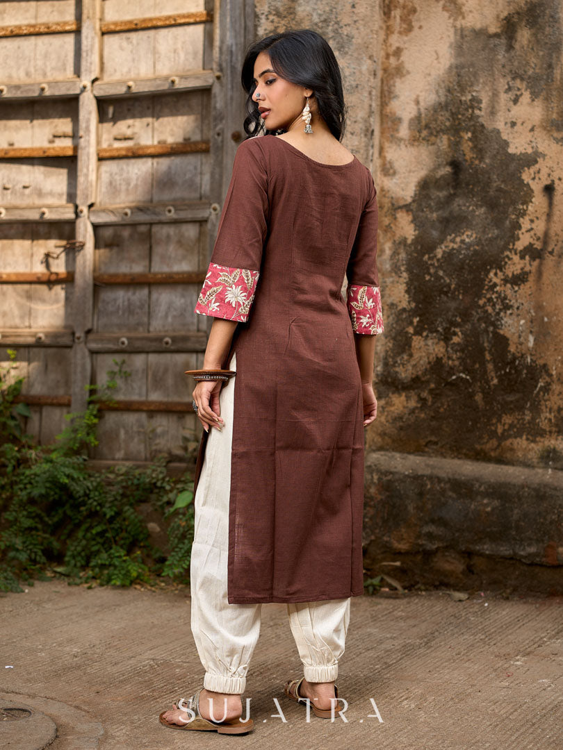 Chic Brown Cotton Kurta with Pink Floral Printed Yoke & Cuffed Flared Sleeves