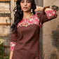 Chic Brown Cotton Kurta with Pink Floral Printed Yoke & Cuffed Flared Sleeves