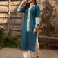 Artful Teal Cotton Kurta Featuring Madhubani Panel Yoke & Cuff Highlights