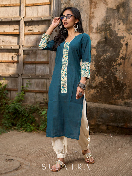 Artful Teal Cotton Kurta Featuring Madhubani Panel Yoke & Cuff Highlights