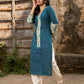 Artful Teal Cotton Kurta Featuring Madhubani Panel Yoke & Cuff Highlights